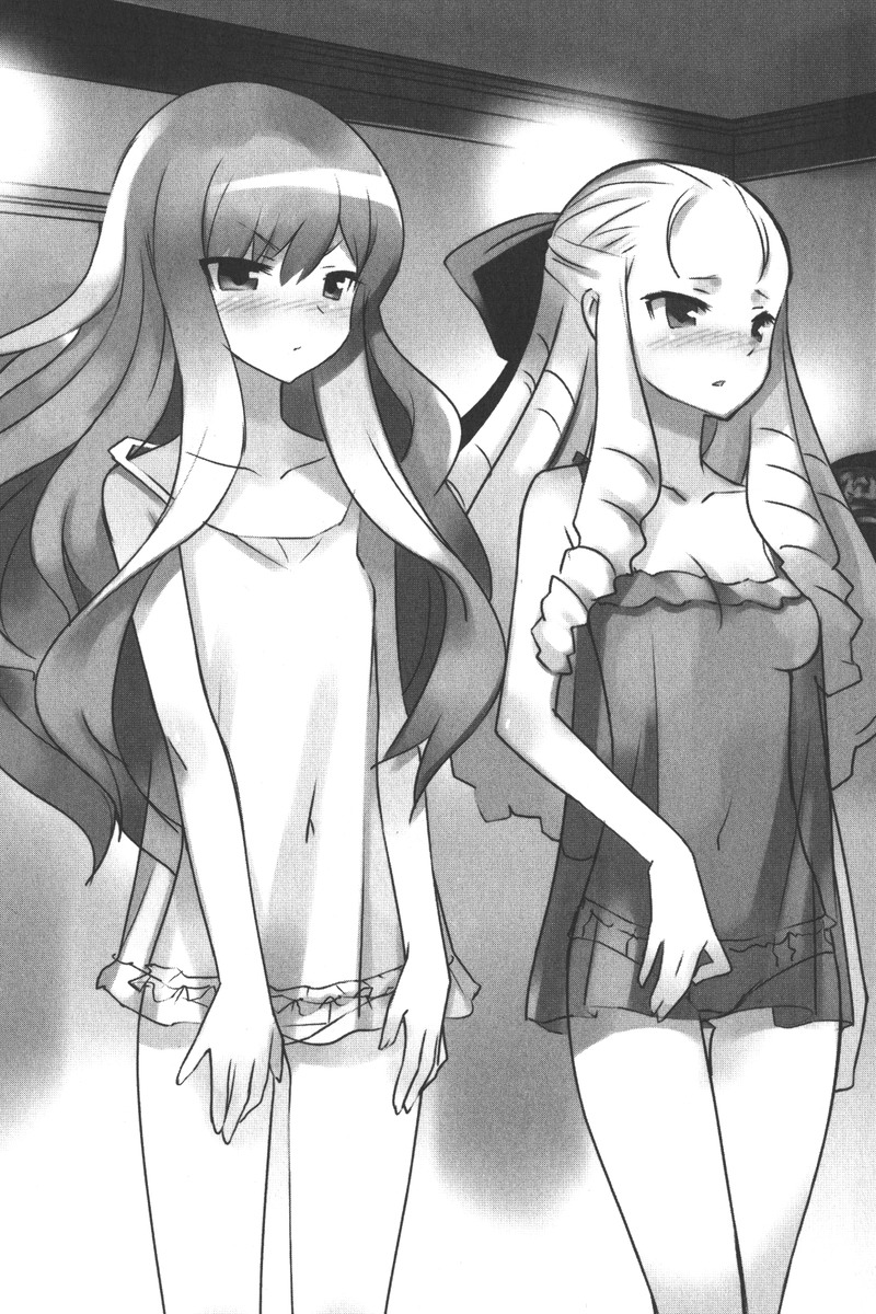 usatsuka eiji, louise francoise le blanc de la valliere, montmorency margarita la fere de montmorency, zero no tsukaima, highres, official art, 00s, 2girls, blush, breasts, chemise, drill hair, flat chest, greyscale, hair slicked back, lingerie, monochrome, multiple girls, small breasts, underwear