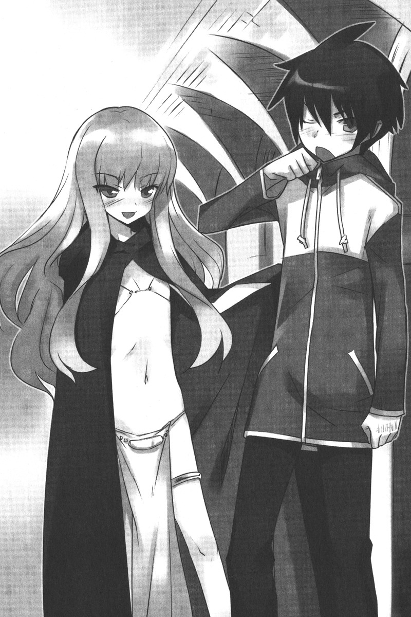 usatsuka eiji, hiraga saito, louise francoise le blanc de la valliere, zero no tsukaima, highres, official art, 00s, 1boy, 1girl, cape, greyscale, monochrome, raglan sleeves, sweater