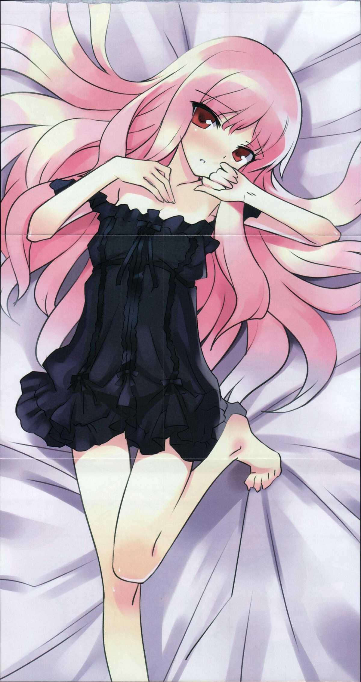 usatsuka eiji, louise francoise le blanc de la valliere, zero no tsukaima, artist request, highres, official art, source request, 00s, 1girl, barefoot, chemise, feet, female focus, long legs, lying, on back, pink hair, solo, strap slip