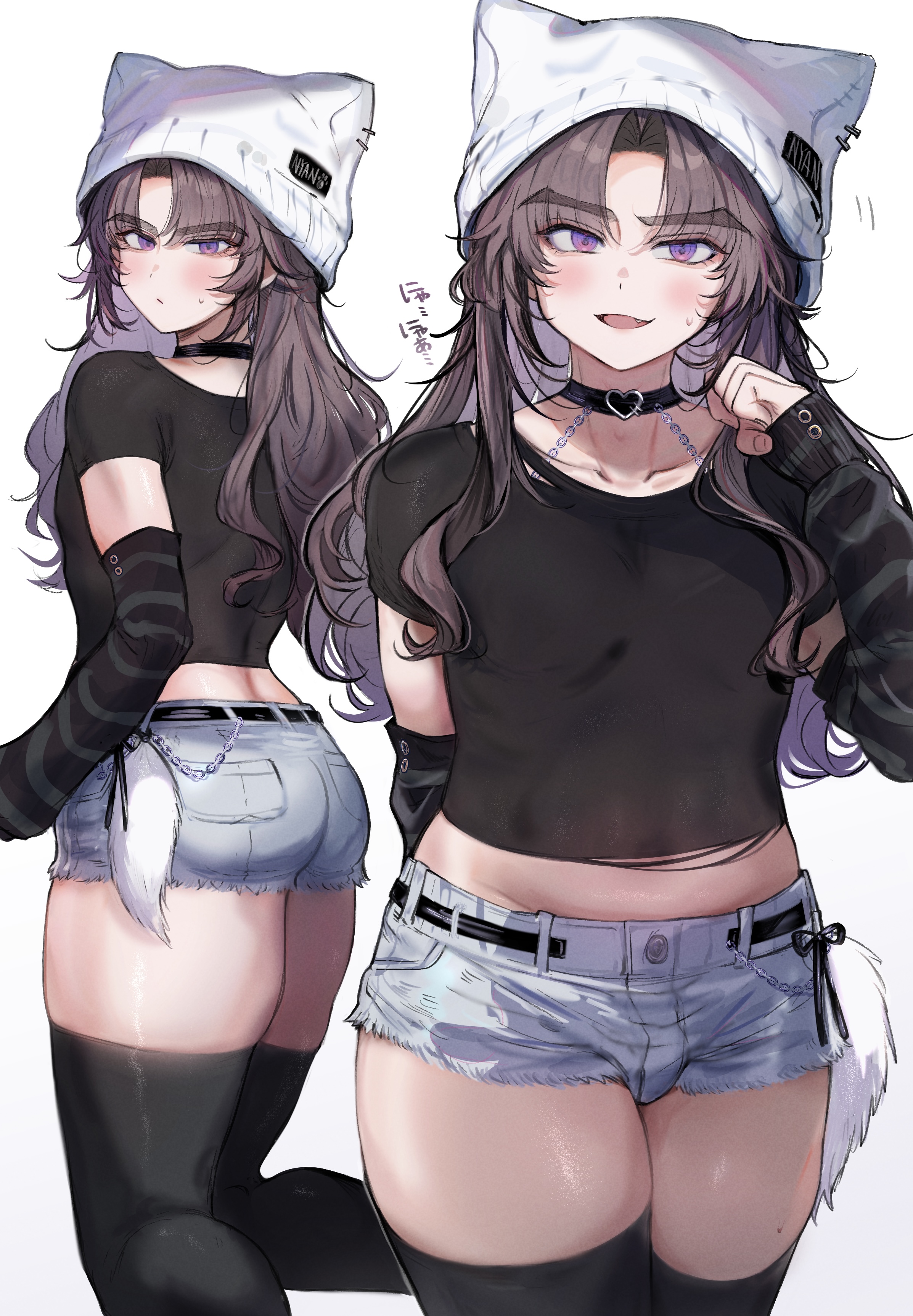 imamiya pinoko, ayase ayato (imamiya pinoko), original, absurdres, highres, translated, 1boy, animal ear headwear, ass, beanie, brown hair, bulge, choker, detached sleeves, fake animal ears, fang, hat, long hair, midriff, purple eyes, short shorts, shorts, simple background, thick eyebrows, thick thighs, thighhighs, thighs, trap, zettai ryouiki