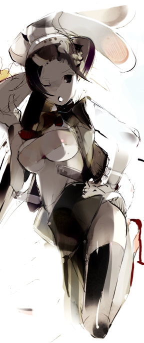 kaede (sayappa), sayappa, original, 1girl, black thighhighs, breasts, carrying, choker, female focus, hand on own hip, hat, jacket, large breasts, legs folded, one eye closed, open mouth, simple background, solo, thighhighs, tray, white background