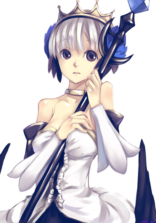 mikage sekizai, gwendolyn (odin sphere), odin sphere, 1girl, crown, dress, female focus, flower, hat, polearm, solo, spear, strapless, strapless dress, weapon, white hair