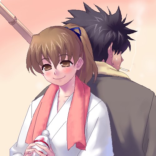 zen, emiya kiritsugu, fujimura taiga, fate/stay night, fate (series), lowres, 00s, 1boy, 1girl, aged down, back-to-back, cigarette, oekaki, ponytail, shinai, smile, smoking, sword, towel, towel around neck, weapon