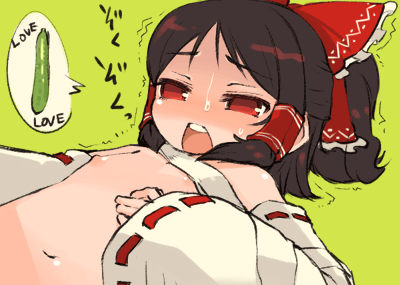 mota, hakurei reimu, touhou, lowres, 1girl, bare shoulders, bow, brown hair, cucumber, female focus, flat chest, hair ornament, open mouth, red eyes, solo, sweat, trembling
