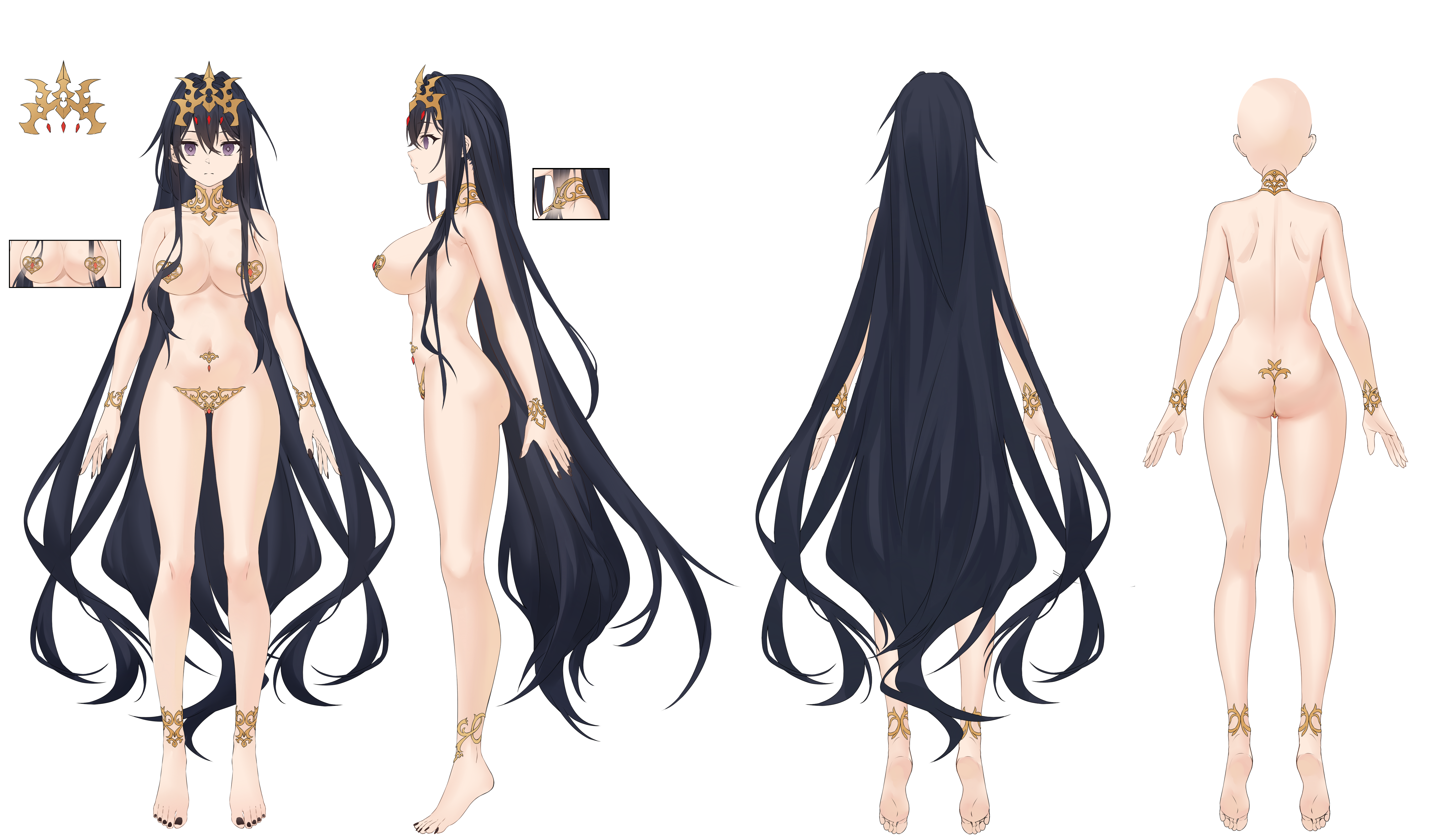 xo (xo17800108), original, absurdres, highres, 1girl, a-pose, ass, backboob, bald, barefoot, black hair, breasts, cleavage, closed mouth, covered erect nipples, covered navel, from behind, from side, hair between eyes, large breasts, long hair, looking at viewer, multiple views, nail polish, purple eyes, reference sheet, revealing clothes, sideboob, simple background, stomach, tiara, toenail polish, toenails, toes, transparent background, very long hair