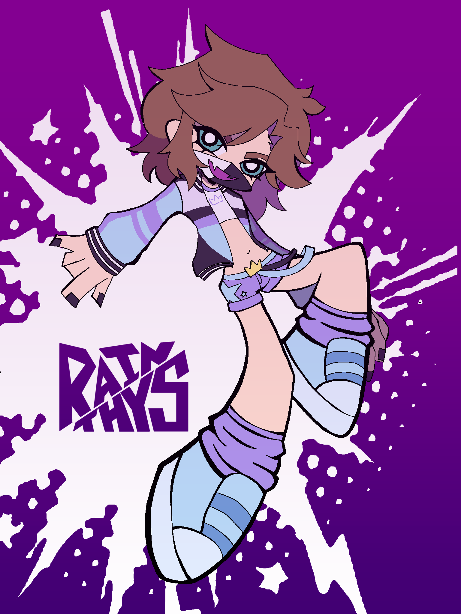 ranboo, ranboo (r800), ranboo (r800) (1st costume), indie virtual youtuber, panty & stocking with garterbelt, commentary, english commentary, highres, 1other, androgynous, aqua eyes, black nails, blue shoes, crop top, cropped jacket, crown (symbol), full body, jacket, looking at viewer, mask, midriff, mouth mask, navel, open clothes, open jacket, other focus, parody, purple background, purple shorts, rainthys, shirt, shoes, short hair, shorts, sneakers, solo, style parody, virtual youtuber, white shirt