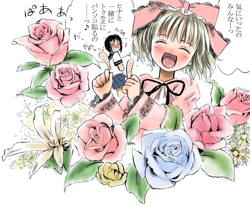 toshi hiroshi, hinaichigo, rozen maiden, silver hair, translation request, 00s, 1girl, blonde hair, blunt bangs, bow, closed eyes, female focus, flower, hair bow, pink bow, plant, rose, short hair, simple background, solo, upper body, white background