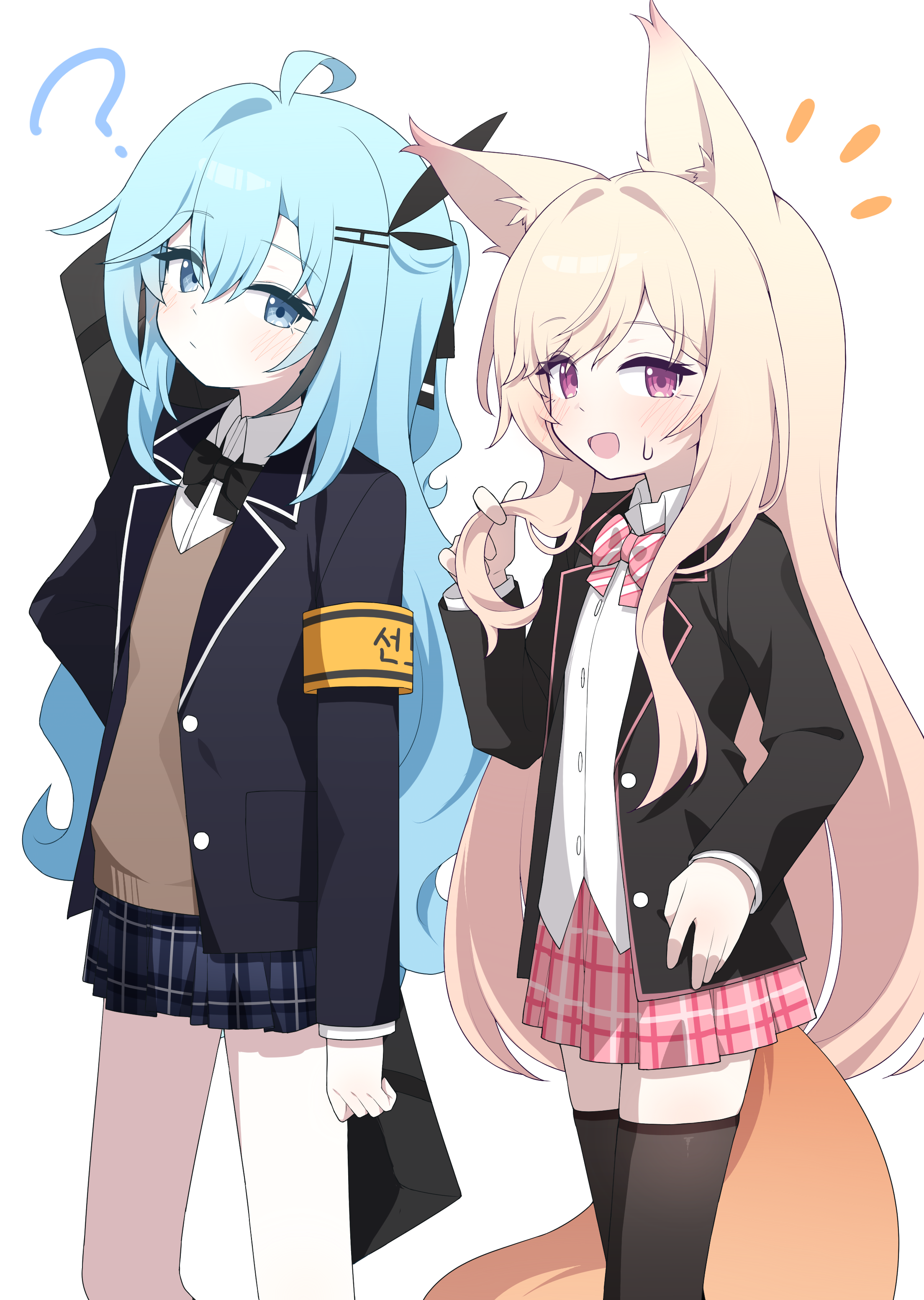 hagoonha, original, absurdres, highres, 2girls, animal ears, armband, black bow, black bowtie, black jacket, blonde hair, blue eyes, blue hair, blush, bow, bowtie, collared shirt, fox ears, fox girl, jacket, long hair, looking at viewer, multiple girls, open clothes, open mouth, pink bow, pink bowtie, pink skirt, plaid clothes, plaid skirt, pleated skirt, school uniform, shirt, simple background, skirt, tail, thighhighs, white background, white shirt