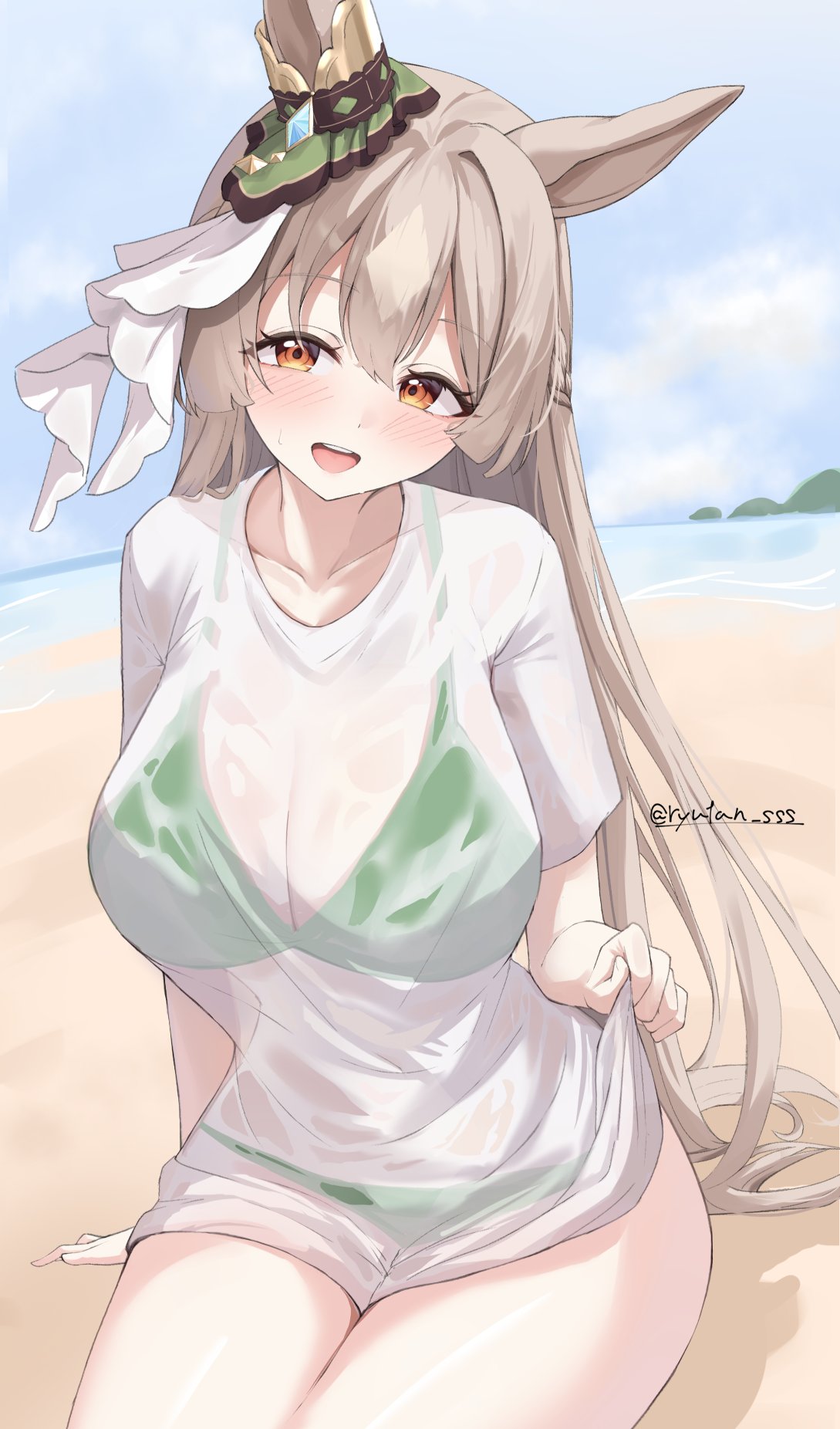 lryutanl, satono diamond (umamusume), umamusume, highres, 1girl, alternate costume, animal ears, beach, bikini, bikini under clothes, blue sky, blush, breasts, brown eyes, brown hair, cleavage, cloud, collarbone, ear ornament, green bikini, hair between eyes, horse ears, horse girl, large breasts, long hair, looking at viewer, multicolored hair, ocean, open mouth, outdoors, sand, see-through clothes, see-through shirt, shirt, short sleeves, sky, smile, solo, streaked hair, swimsuit, teeth, upper teeth only, very long hair, water, white shirt