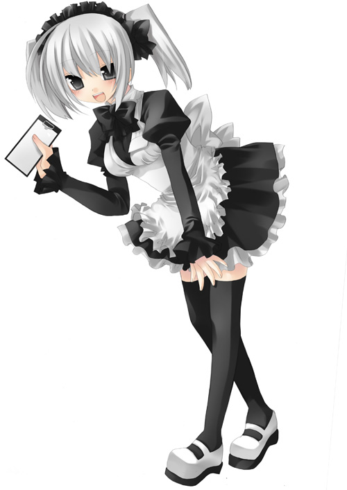 sazaki ichiri, original, 1girl, apron, female focus, solo, thighhighs, twintails, waitress, white hair