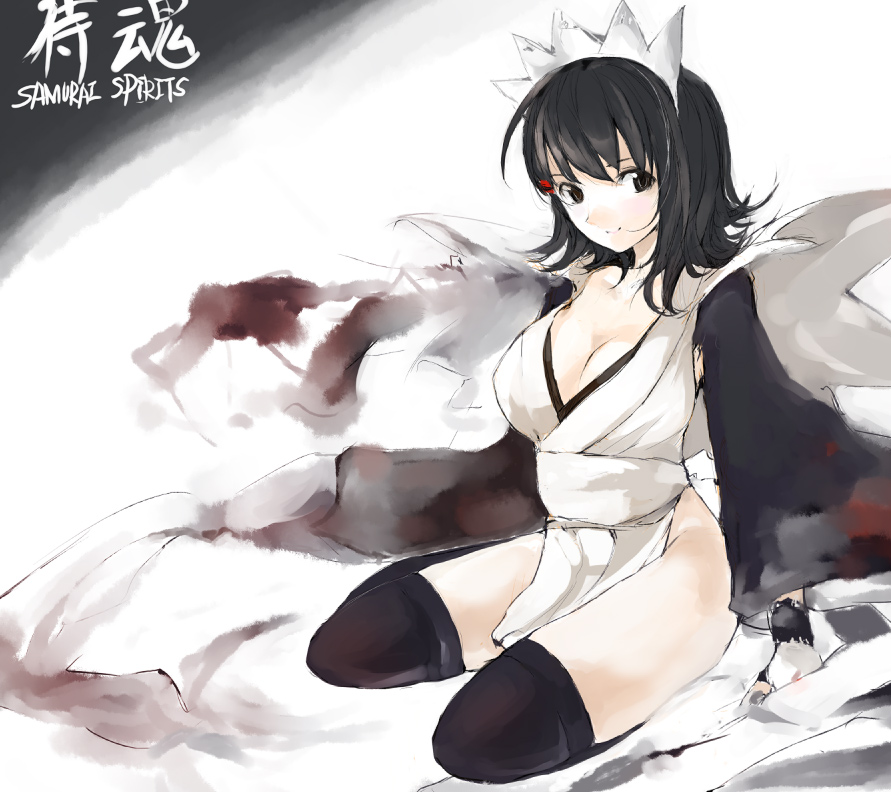 mo, shunsei (muratou), iroha (samurai spirits), samurai spirits, 1girl, black eyes, black hair, breasts, copyright name, female focus, flipped hair, large breasts, solo