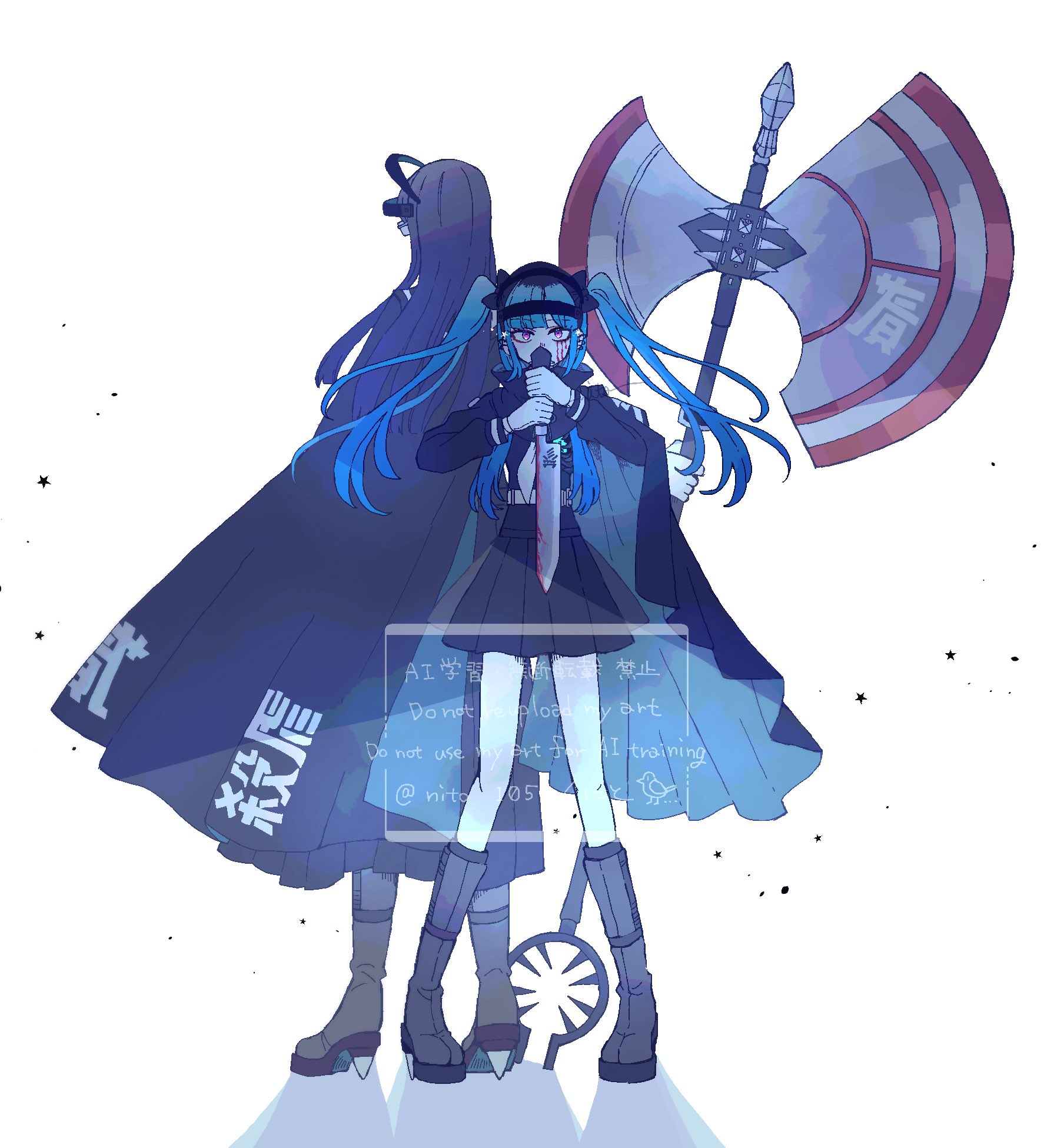nito, amemiya darumi, shizuhara hiruko, the hundred line -last defense academy-, commentary, highres, 2girls, armband, axe, back-to-back, battle axe, black boots, black bow, black cape, black hair, black sailor collar, black serafuku, blood, bloody tears, blue hair, boots, bow, cape, eyeliner, full body, glasses, gloves, hair bow, hands on hilt, headgear, holding, holding axe, holding knife, holding weapon, invisible floor, knife, last defense academy school uniform, long hair, looking at viewer, makeup, multicolored hair, multiple girls, neckerchief, pink eyes, purple hair, red eyeliner, roots (hair), sailor collar, school uniform, serafuku, shadow, standing, twintails, twitter username, watermark, weapon, white armband, white background, white neckerchief