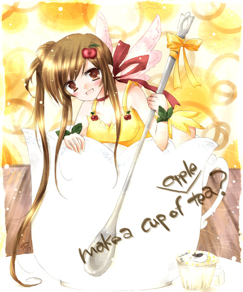 soumoto mina, original, 1girl, blush, bow, bracelet, brown eyes, brown hair, cherry, cup, dress, english text, fantasy, female focus, food, fruit, hair ornament, jewelry, leaf, long hair, looking at viewer, solo, spoon, table, tea, wings, yellow bow, yellow dress