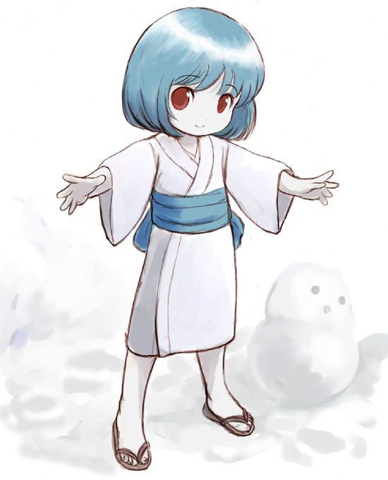 heika (heikahp), 1girl, blue hair, collarbone, colored skin, female focus, full body, geta, japanese clothes, kimono, looking at viewer, monster girl, outstretched arm, red eyes, sandals, sash, short hair, solo, white skin, yuki onna, zouri
