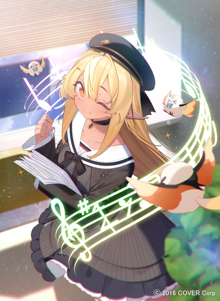 benio (dontsugel), elfriend (shiranui flare), shiranui flare, shiranui flare (street), hololive, official art, > <, 1girl, bird, black bow, black hat, blonde hair, blue bow, blurry, blush, bow, braid, breasts, brown eyes, company name, dark-skinned female, dark elf, dark skin, dress, elf, from above, grey dress, hair between eyes, hand up, hat, holding, holding paper, indoors, large breasts, leaf, long hair, long sleeves, looking at viewer, musical note, official alternate costume, one eye closed, paper, pinstripe dress, pinstripe pattern, pointy ears, sailor collar, sidelocks, smile, solo, standing, striped clothes, striped dress, vertical-striped clothes, vertical-striped dress, virtual youtuber, white sailor collar, wide sleeves, window