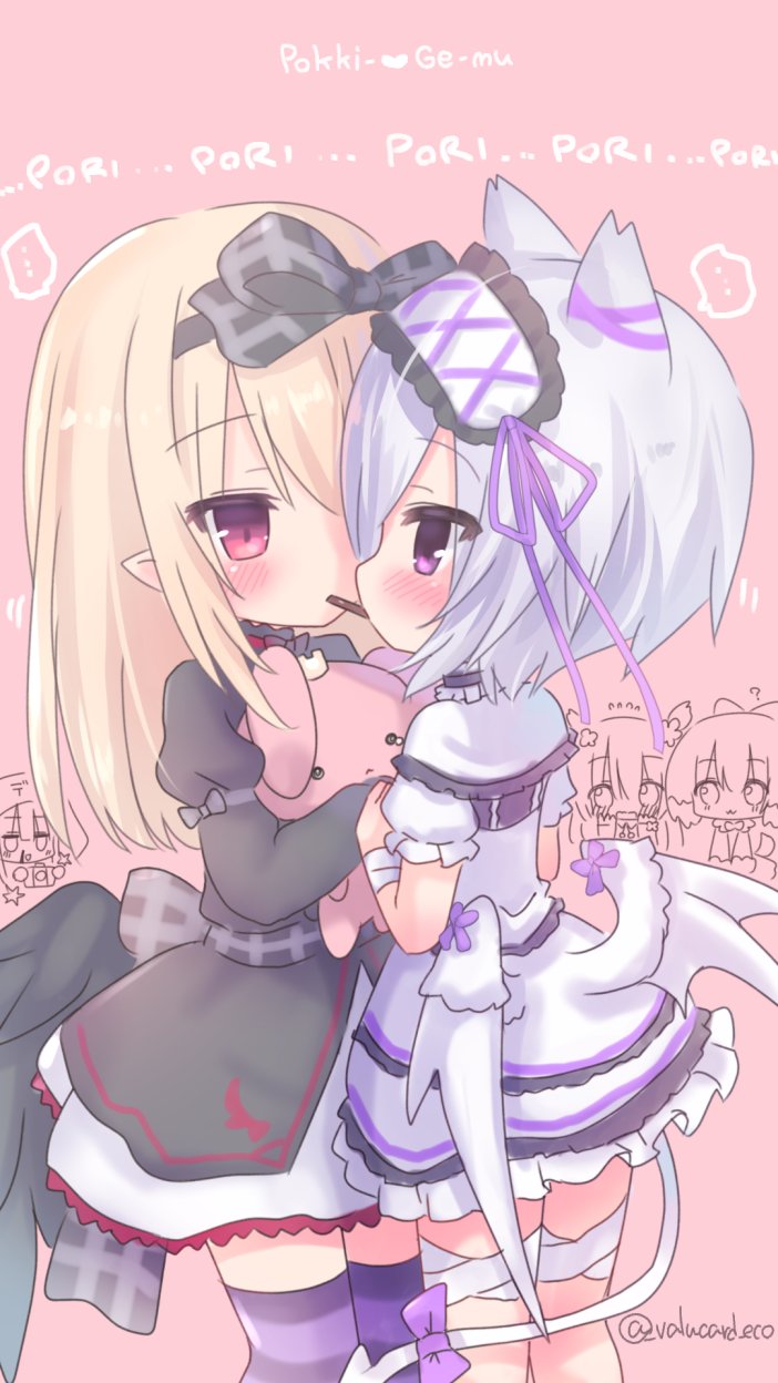 dark feather alma, emil chronicle online, highres, 2girls, animal ears, bandages, black dress, black hairband, black ribbon, black wings, blonde hair, blush, capelet, dress, food, food in mouth, frilled dress, frilled hairband, frills, hair ribbon, hairband, holding, holding stuffed toy, long hair, multiple girls, pink background, pocky, pocky day, pocky in mouth, pocky kiss, purple eyes, purple thighhighs, red eyes, ribbon, shared food, striped clothes, striped thighhighs, stuffed animal, stuffed rabbit, stuffed toy, thighhighs, twitter username, valucard eco, white capelet, white dress, white familiar alma, white hair, white hairband, white wings, wing ornament, wings, yuri