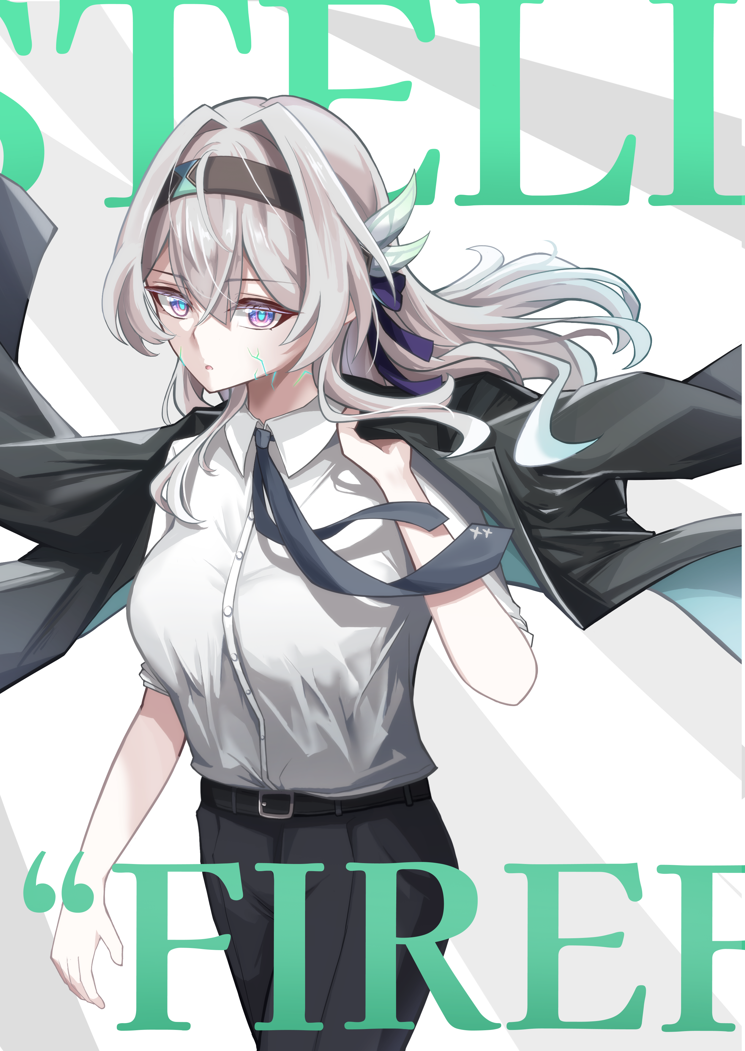 tefutefufu, firefly (honkai: star rail), honkai: star rail, honkai (series), absurdres, highres, 1girl, alternate costume, belt, black belt, black hairband, black jacket, black necktie, buttons, character name, collared shirt, gradient hair, green hair, grey hair, hair between eyes, hair intakes, hair ornament, hairband, holding, holding jacket, holding unworn clothes, holding unworn jacket, jacket, long hair, long sleeves, looking at viewer, multicolored hair, necktie, open mouth, pink eyes, shirt, solo, unworn jacket, white shirt