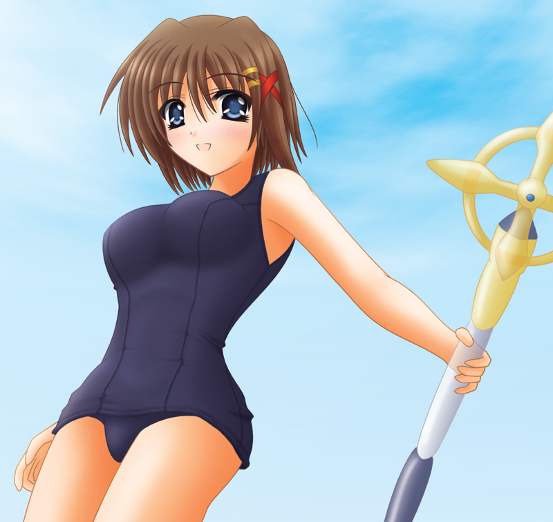 yamaguchi ugou, schwertkreuz, yagami hayate, lyrical nanoha, mahou shoujo lyrical nanoha, mahou shoujo lyrical nanoha strikers, 00s, 1girl, blue eyes, blush, brown hair, female focus, hair ornament, one-piece swimsuit, open mouth, school swimsuit, short hair, smile, solo, staff, swimsuit, x hair ornament