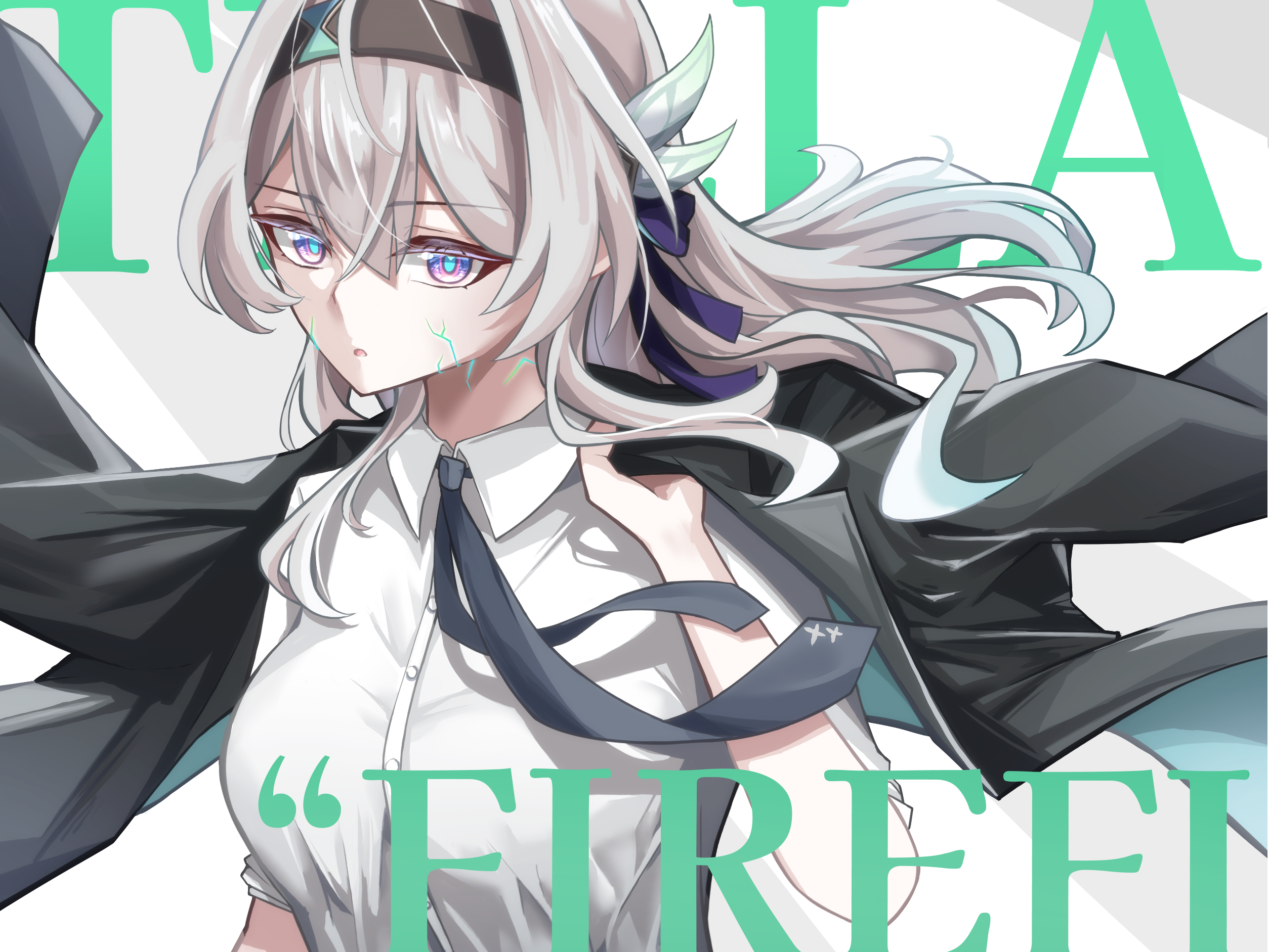 tefutefufu, firefly (honkai: star rail), honkai: star rail, honkai (series), highres, 1girl, alternate costume, black hairband, black jacket, black necktie, buttons, character name, collared shirt, gradient hair, green hair, grey hair, hair between eyes, hair intakes, hair ornament, hairband, holding, holding jacket, holding unworn clothes, holding unworn jacket, jacket, long hair, long sleeves, looking at viewer, multicolored hair, necktie, open mouth, pink eyes, shirt, solo, unworn jacket, upper body, white shirt