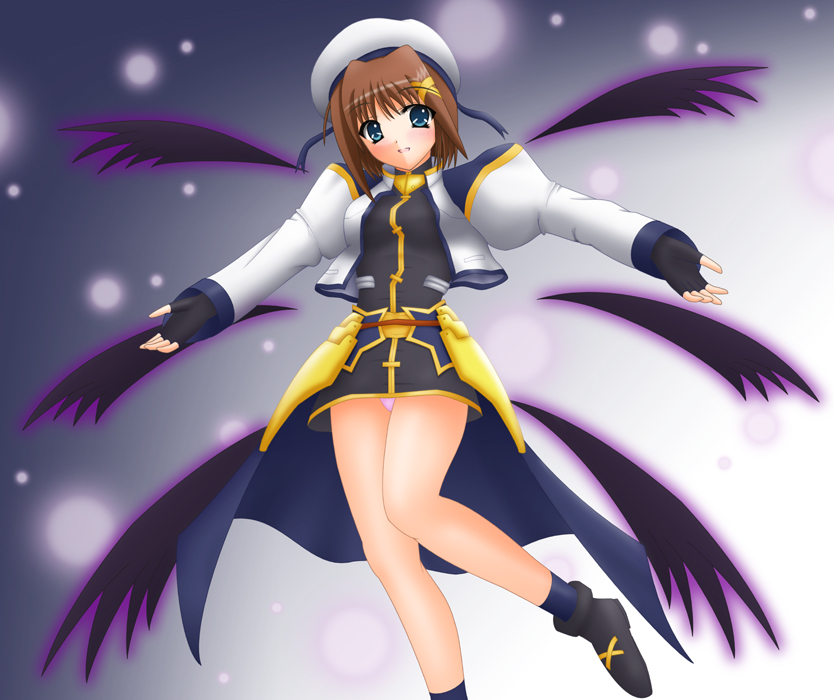 yamaguchi ugou, yagami hayate, lyrical nanoha, mahou shoujo lyrical nanoha, mahou shoujo lyrical nanoha strikers, 00s, 1girl, blue eyes, brown hair, female focus, fingerless gloves, gloves, hair ornament, hat, magical girl, panties, pantyshot, solo, standing, underwear, waist cape, wings, x hair ornament