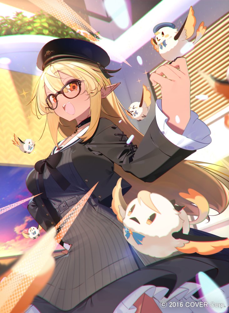 benio (dontsugel), shiranui flare, shiranui flare (street), hololive, hololive fantasy, official art, > <, 1girl, belt, bird, black bow, black choker, black hat, blonde hair, blue bow, blue hat, blurry, bow, breasts, brown eyes, choker, cloud, collarbone, company name, dark-skinned female, dark elf, dark skin, dress, elf, from below, grey belt, grey dress, hair between eyes, hand up, hat, indoors, large breasts, leaf, long hair, long sleeves, looking at viewer, official alternate costume, open mouth, pinstripe dress, pinstripe pattern, pointy ears, sailor collar, sidelocks, sky, solo, standing, striped clothes, striped dress, teeth, vertical-striped clothes, vertical-striped dress, very long hair, virtual youtuber, white sailor collar, wide sleeves, window