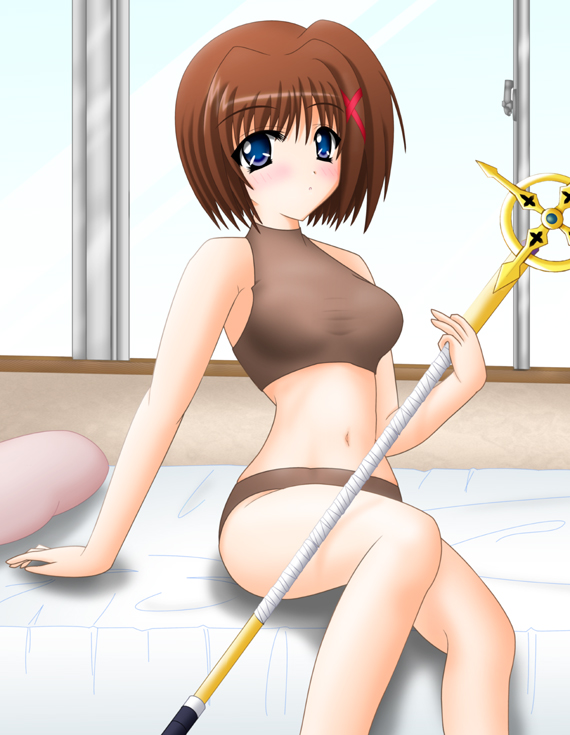 yamaguchi ugou, schwertkreuz, yagami hayate, lyrical nanoha, mahou shoujo lyrical nanoha, mahou shoujo lyrical nanoha strikers, 00s, 1girl, bra, female focus, hair ornament, lingerie, panties, solo, staff, underwear, underwear only, x hair ornament