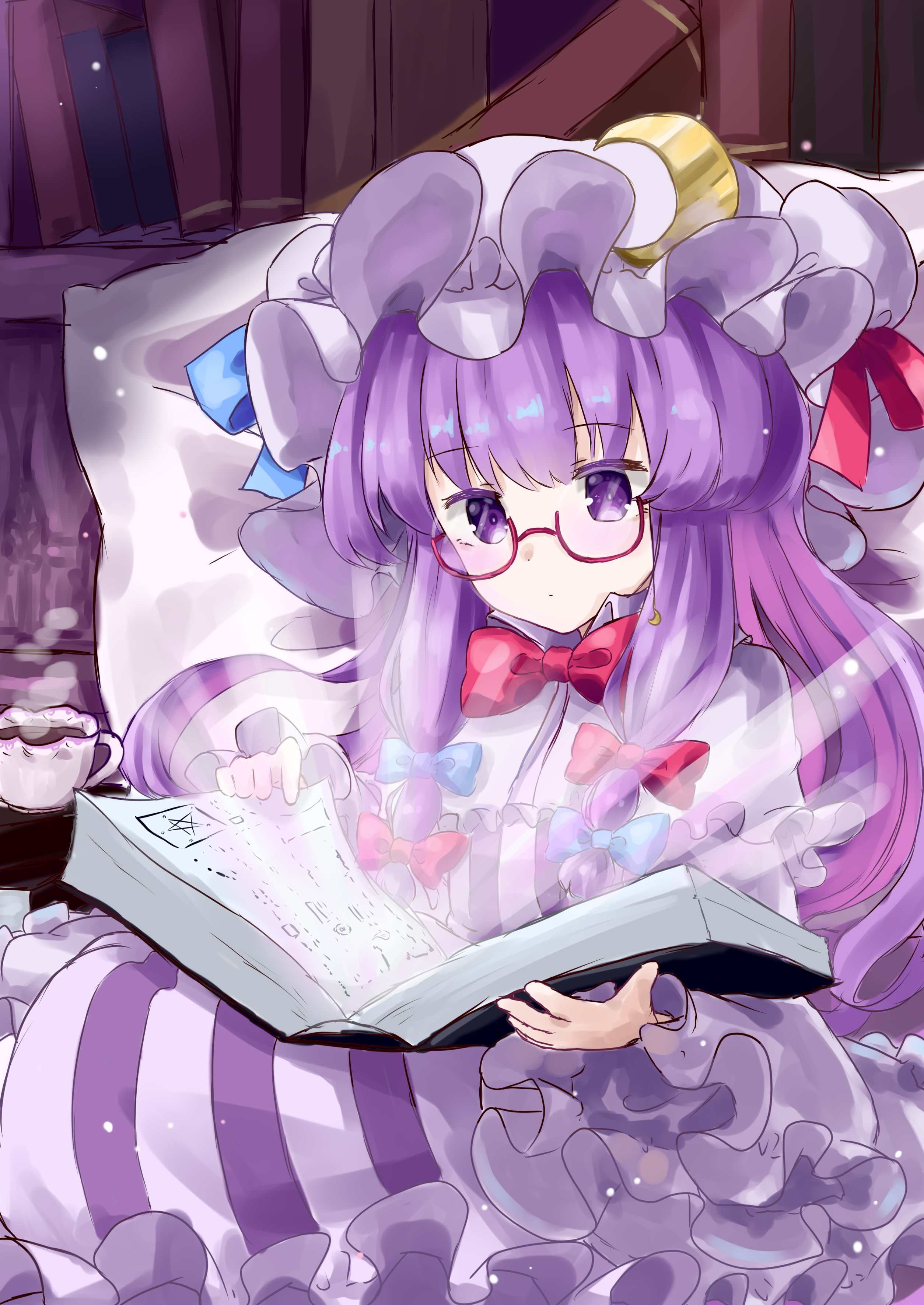 t-hou, patchouli knowledge, touhou, absurdres, highres, 1girl, blue ribbon, book, bookshelf, bow, bowtie, coffee, coffee mug, crescent, cup, dress, glasses, hair between eyes, hair ribbon, hat, hat ornament, hat ribbon, holding, holding book, library, long dress, long hair, long sleeves, mob cap, mug, pillow, puffy long sleeves, puffy sleeves, purple dress, purple eyes, purple hair, reading, red bow, red bowtie, red ribbon, ribbon, sitting, solo, striped clothes, white dress
