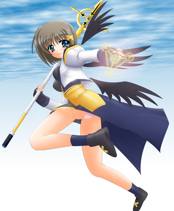 yamaguchi ugou, schwertkreuz, yagami hayate, lyrical nanoha, mahou shoujo lyrical nanoha, mahou shoujo lyrical nanoha strikers, 00s, 1girl, black wings, blue eyes, blush, brown hair, female focus, hair ornament, magic circle, panties, short hair, solo, staff, underwear, waist cape, wings, x hair ornament