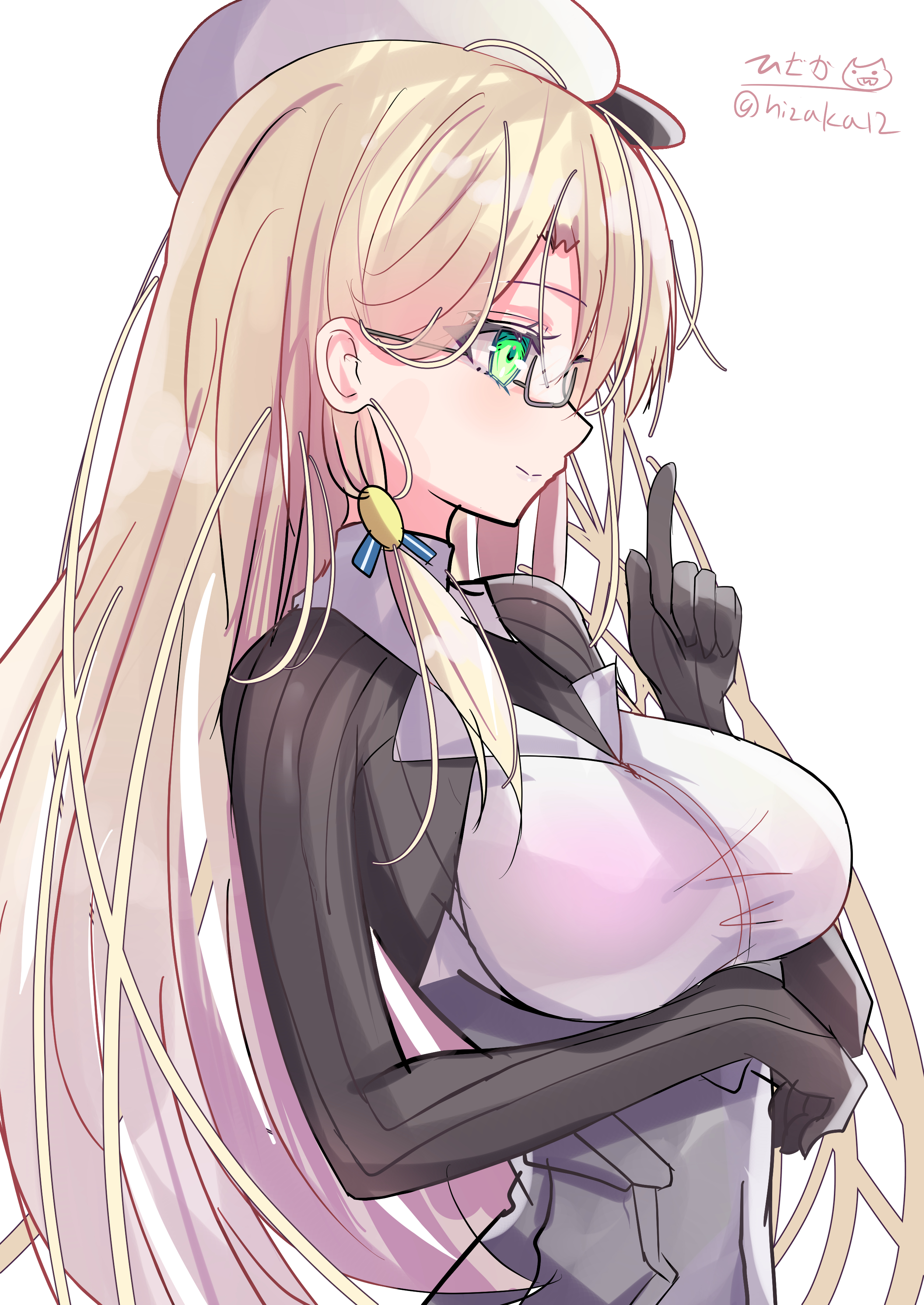hizaka, northampton (kancolle), northampton kai (kancolle), kantai collection, absurdres, highres, 1girl, black skirt, blonde hair, breasts, corset, cowboy shot, glasses, green eyes, hat, large breasts, long hair, looking at another, military uniform, naval uniform, one-hour drawing challenge, peaked cap, pencil skirt, semi-rimless eyewear, signature, skirt, solo, twitter username, white background, white hat