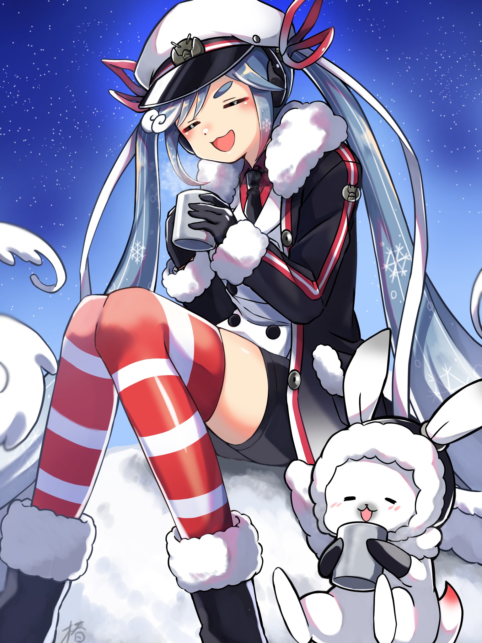 sasayumi tsubaki, hatsune miku, rabbit yukine, yuki miku, yuki miku (2022), vocaloid, highres, 1girl, 1other, black boots, black necktie, black shorts, blue hair, blush, boots, closed eyes, coat, collared shirt, cup, fur-trimmed boots, fur-trimmed coat, fur-trimmed sleeves, fur trim, hat, holding, holding cup, long hair, multicolored hair, necktie, official alternate costume, official alternate hairstyle, open mouth, peaked cap, rabbit, red hair, red shirt, sailor hat, shirt, short shorts, shorts, sitting, smile, solo, striped clothes, striped thighhighs, thick thighs, thighhighs, thighs, twintails, very long hair