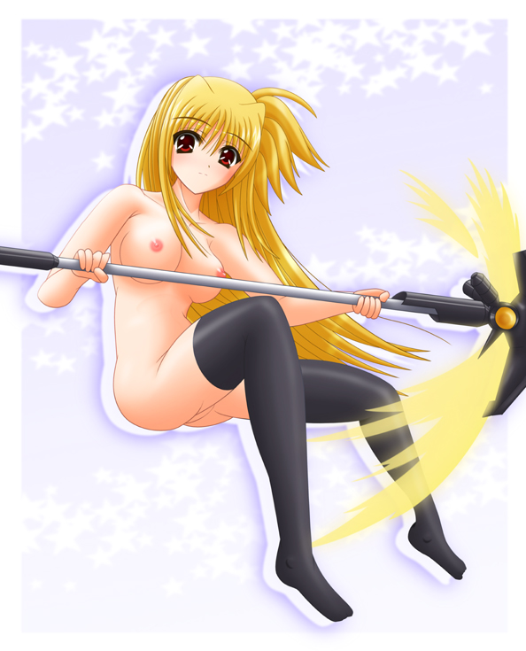 yamaguchi ugou, bardiche (nanoha), fate testarossa, lyrical nanoha, mahou shoujo lyrical nanoha, mahou shoujo lyrical nanoha strikers, 00s, 1girl, blonde hair, breasts, female focus, large breasts, nipples, solo, thighhighs, topless female