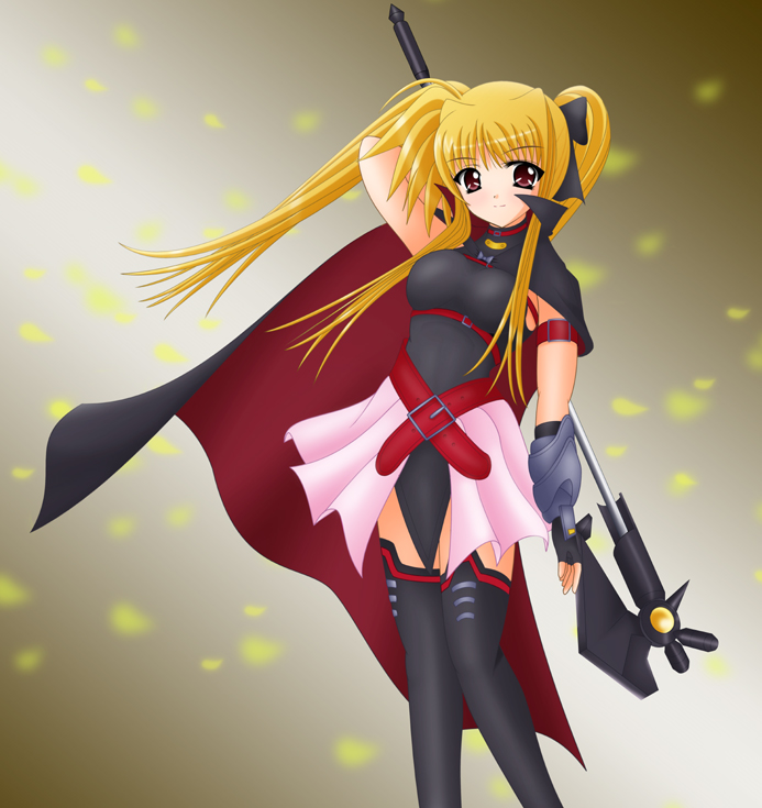 yamaguchi ugou, bardiche (assault form) (nanoha), bardiche (nanoha), fate testarossa, fate testarossa (lightning form), lyrical nanoha, mahou shoujo lyrical nanoha, mahou shoujo lyrical nanoha strikers, 00s, 1girl, arm belt, belt, blonde hair, cape, female focus, fingerless gloves, gloves, magical girl, red eyes, solo, thighhighs, twintails