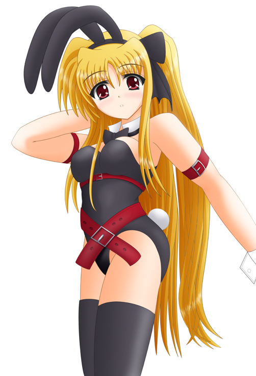 yamaguchi ugou, fate testarossa, lyrical nanoha, mahou shoujo lyrical nanoha, mahou shoujo lyrical nanoha strikers, 00s, adapted costume, animal ears, leotard, long hair, playboy bunny, rabbit ears, solo, thighhighs, very long hair