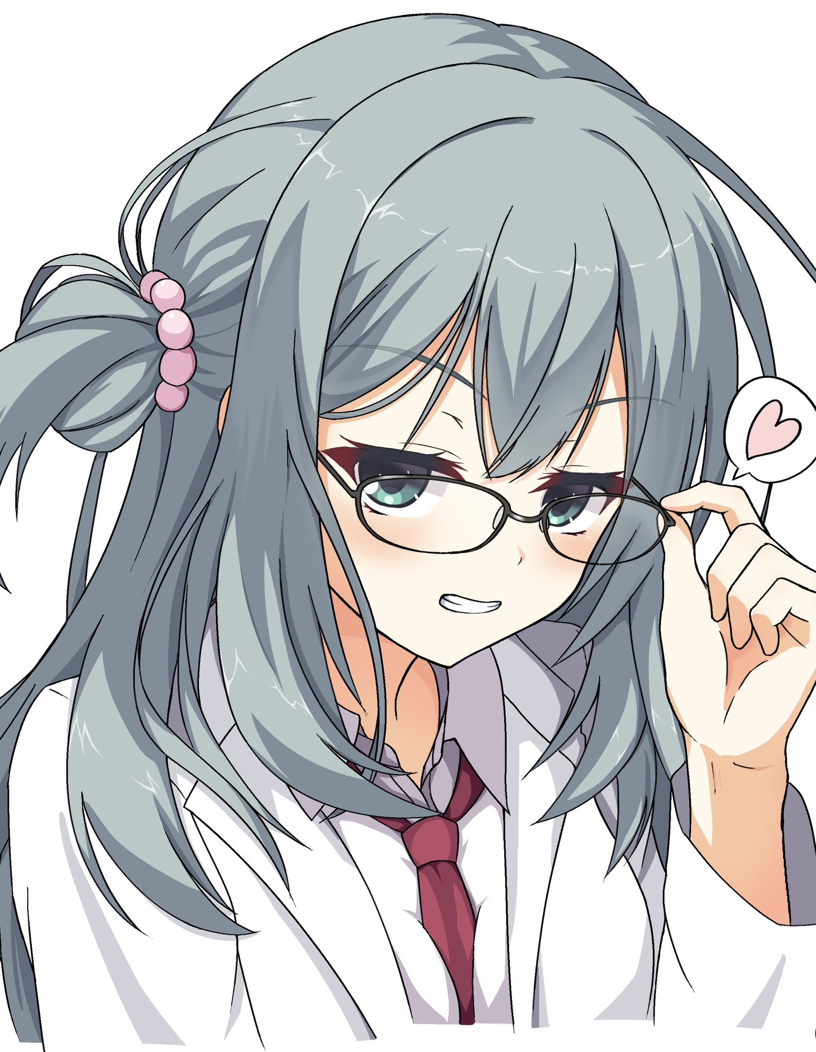 1230 mochi, shikibe mayu, riddle joker, commentary request, highres, 1girl, adjusting eyewear, aqua eyes, aqua hair, beads, between breasts, black-framed eyewear, blush, breasts, coat, collared shirt, eyelashes, glasses, grin, hair beads, hair between eyes, hair ornament, hand up, heart, lab coat, long hair, long sleeves, looking at viewer, necktie, necktie between breasts, one side up, open clothes, open coat, red necktie, shirt, simple background, smile, smug, solo, speech bubble, spoken heart, upper body, v-shaped eyebrows, white background, white shirt