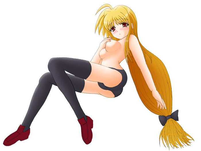 yamaguchi ugou, fate testarossa, lyrical nanoha, mahou shoujo lyrical nanoha, mahou shoujo lyrical nanoha strikers, 00s, 1girl, blonde hair, female focus, long hair, low-tied long hair, panties, solo, thighhighs, topless female, underwear, very long hair