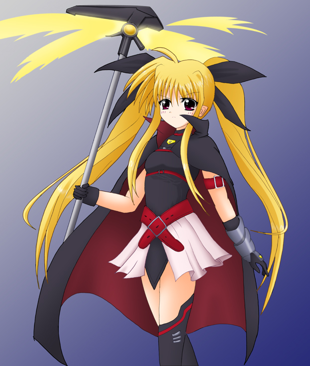 yamaguchi ugou, bardiche (haken form) (nanoha), bardiche (nanoha), fate testarossa, fate testarossa (lightning form), lyrical nanoha, mahou shoujo lyrical nanoha, mahou shoujo lyrical nanoha a's, 00s, 1girl, arm belt, belt, blonde hair, cape, female focus, gloves, magical girl, red eyes, solo, thighhighs, twintails