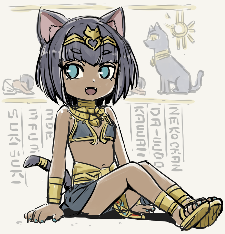 ike (altitude attitude), bastet (mythology), egyptian mythology, original, 1girl, ancient egyptian, ancient egyptian clothes, animal ears, black hair, cat ears, cat girl, cat tail, dark-skinned female, dark skin, jewelry, smile, solo, tail, tail ornament, usekh collar