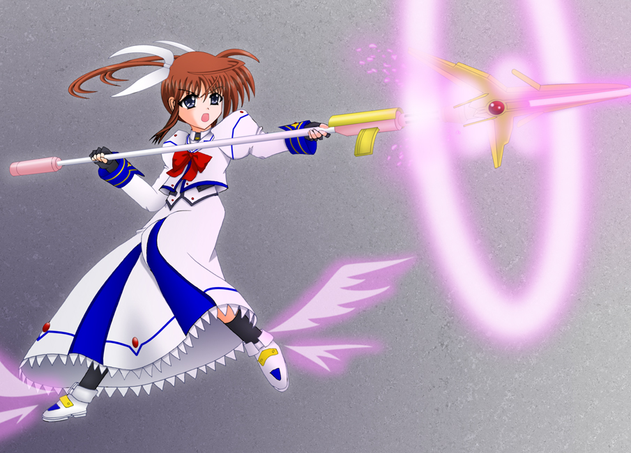 yamaguchi ugou, raising heart, raising heart (exelion mode), takamachi nanoha, takamachi nanoha (sacred mode), lyrical nanoha, mahou shoujo lyrical nanoha, mahou shoujo lyrical nanoha a's, winged footwear, 00s, 1girl, bow, female focus, fingerless gloves, gloves, magazine (weapon), magical girl, purple eyes, red bow, red hair, shoes, solo, twintails, white devil, wings