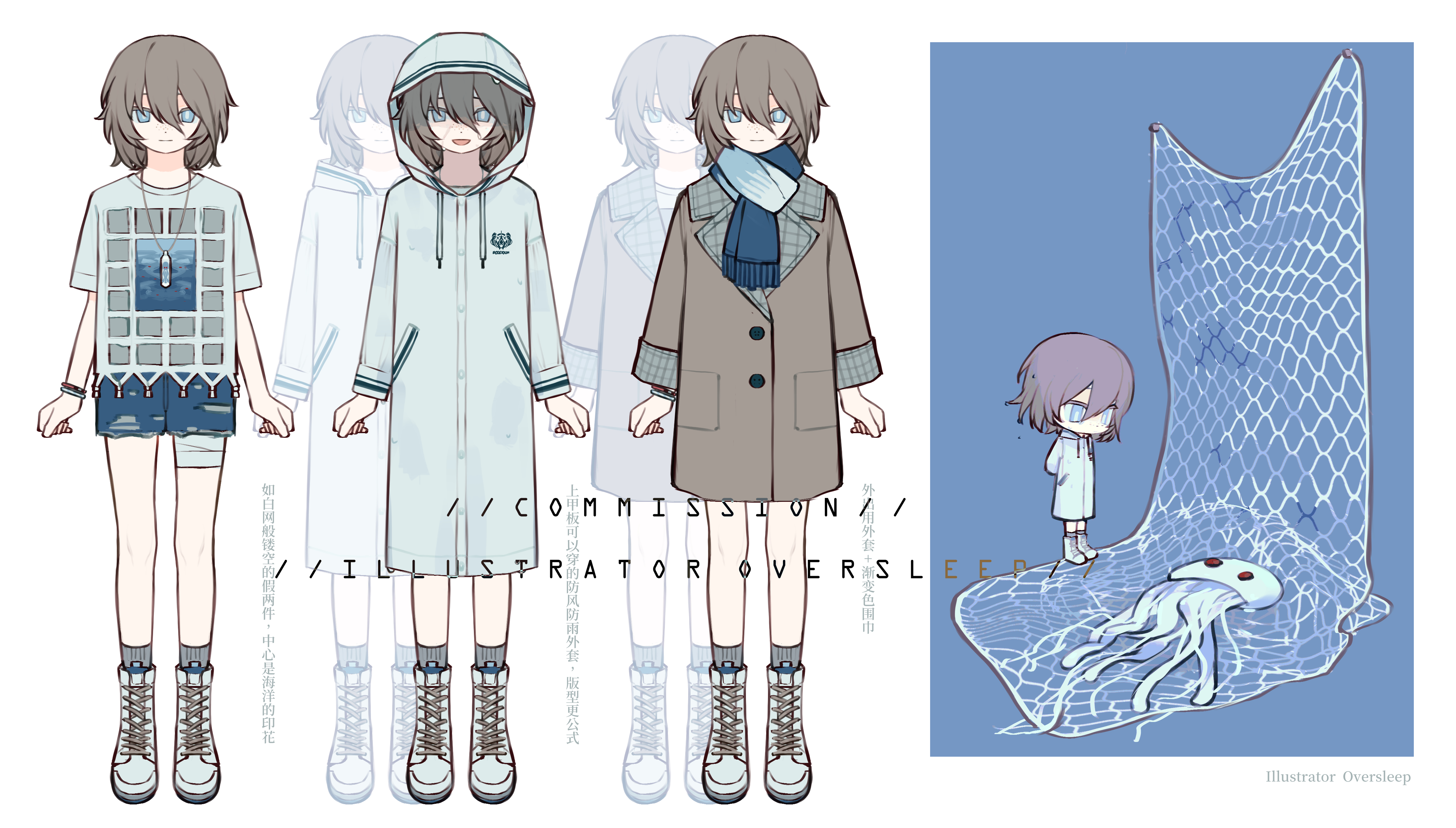 oversleep, original, absurdres, highres, 1girl, arms at sides, blue eyes, blue scarf, boots, brown coat, brown hair, chibi, chibi inset, coat, denim, denim shorts, english text, fishing net, full body, hair between eyes, hood, hood up, jellyfish, lace-up boots, long sleeves, multiple girls, raincoat, scarf, short hair, shorts, simple background, standing, watch, white scarf, wristwatch