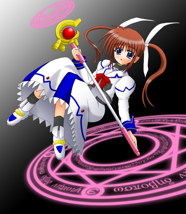 yamaguchi ugou, raising heart, takamachi nanoha, lyrical nanoha, mahou shoujo lyrical nanoha, 00s, 1girl, bow, female focus, magic circle, magical girl, purple eyes, red bow, red hair, solo, twintails