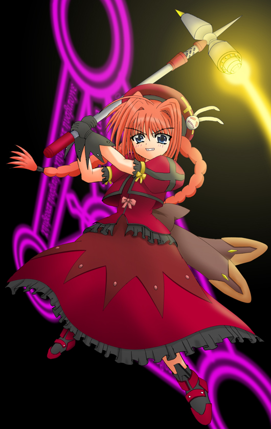 yamaguchi ugou, graf eisen, vita (nanoha), lyrical nanoha, mahou shoujo lyrical nanoha, mahou shoujo lyrical nanoha a's, 00s, 1girl, blue eyes, braid, female focus, gloves, hammer, hat, magic circle, magical girl, red hair, rocket engine, solo, twin braids
