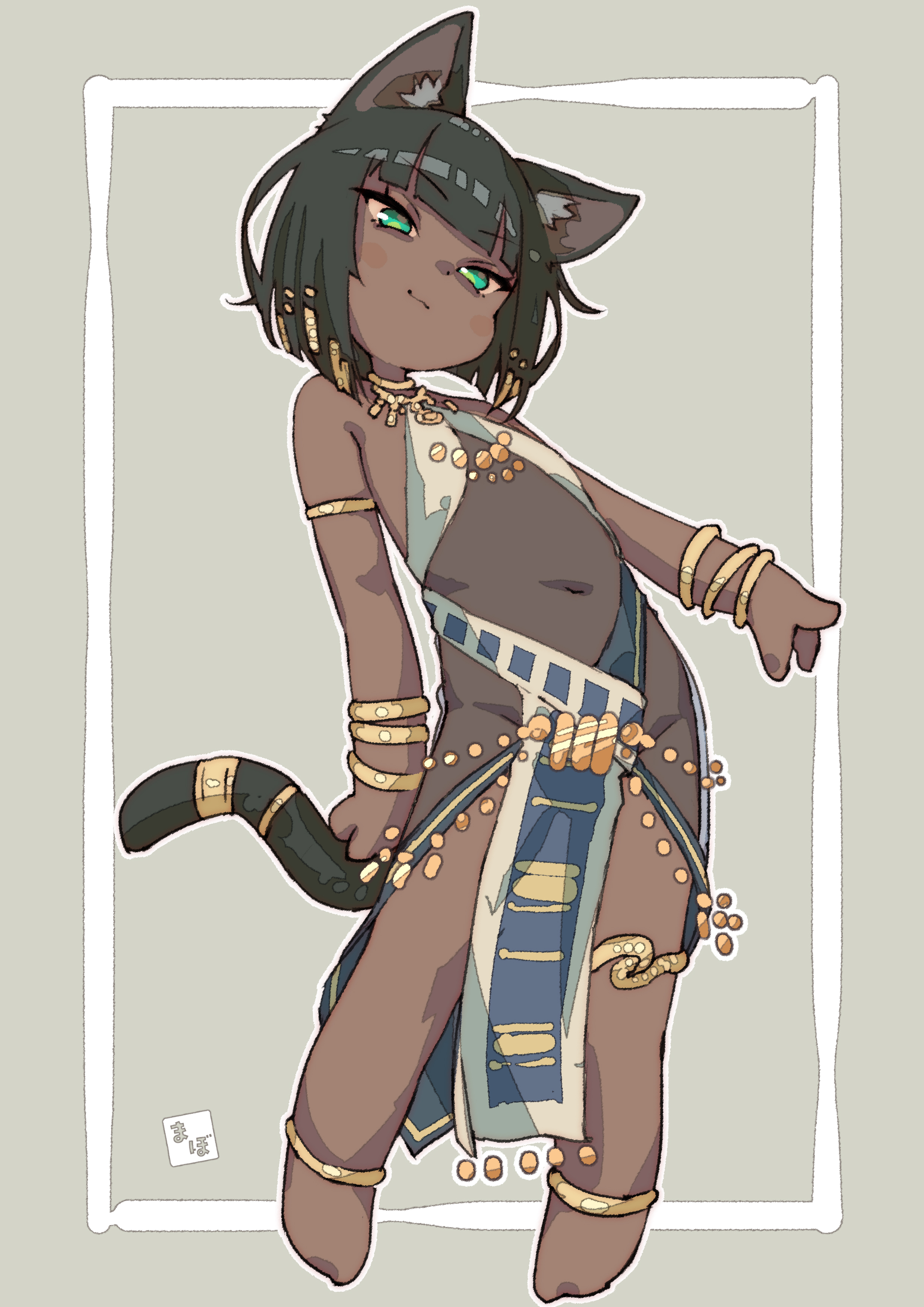 mabo9317, bastet (mythology), egyptian mythology, original, absurdres, highres, 1girl, ancient egyptian, ancient egyptian clothes, animal ears, black hair, cat ears, cat girl, cat tail, dark-skinned female, dark skin, jewelry, solo, tail, tail ornament, usekh collar