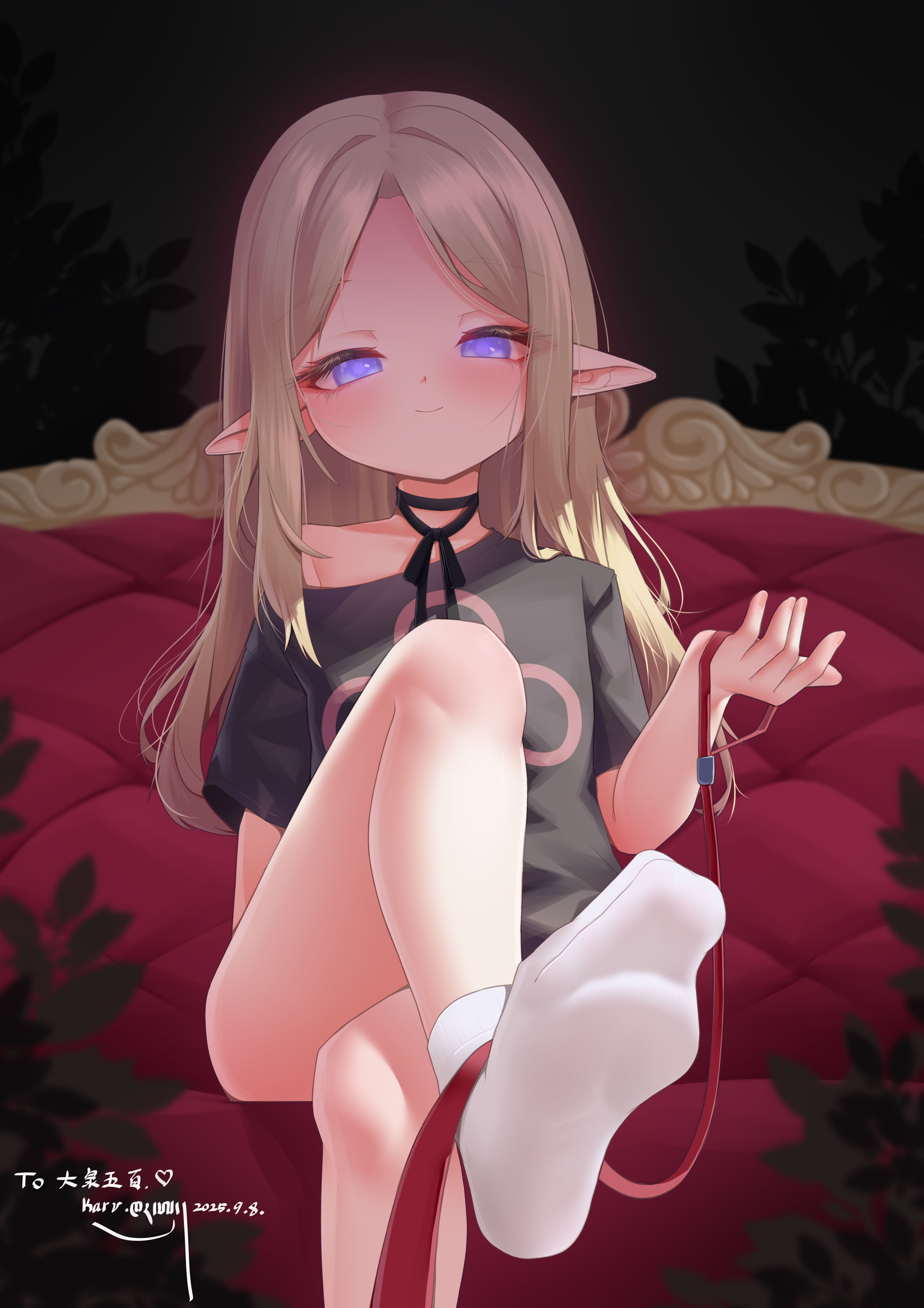 karv, absurdres, highres, 1girl, blonde hair, blue eyes, blush, crossed legs, feet, leash, long hair, looking at viewer, pointy ears, pov, sitting, smile, socks, soles, toes, white socks