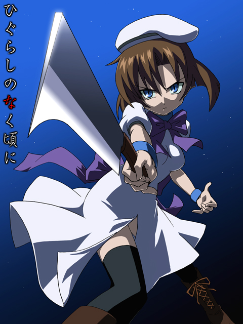 anbe masahiro, ryuuguu rena, higurashi no naku koro ni, 00s, 1girl, billhook, blue eyes, boots, bow, brown hair, crazy eyes, female focus, hashitsuki nata, hat, hatchet, nata (tool), night, short hair, solo, star (symbol), thighhighs, wristband, zettai ryouiki