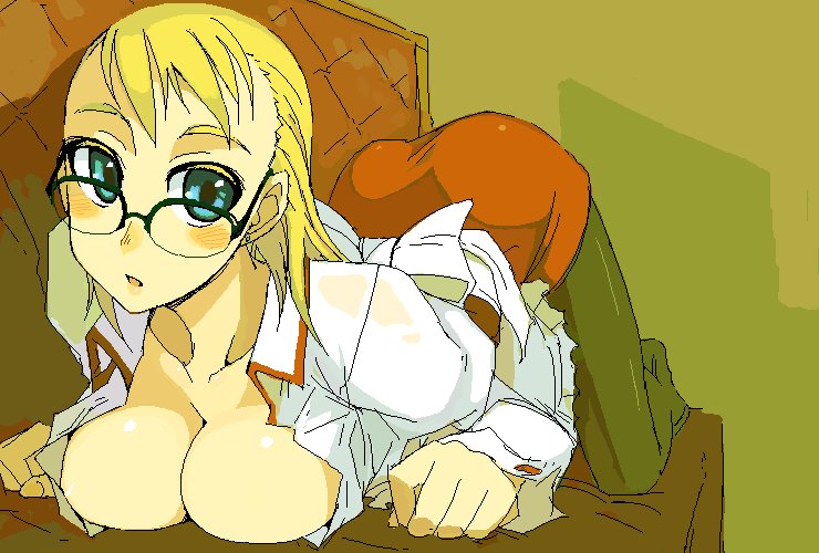 kusanagi tonbo, original, 1girl, ass, breast press, breasts, female focus, glasses, open clothes, open shirt, shirt, solo