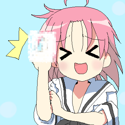 sks (artist), kogami akira, lucky star, lowres, > <, 00s, 1girl, :d, ^^^, ahoge, black bow, blue background, blush, bow, censored, closed eyes, female focus, holding, mosaic censoring, oekaki, open mouth, pink hair, school uniform, serafuku, short hair, short sleeves, simple background, sleeve cuffs, smile, solo, upper body, xd