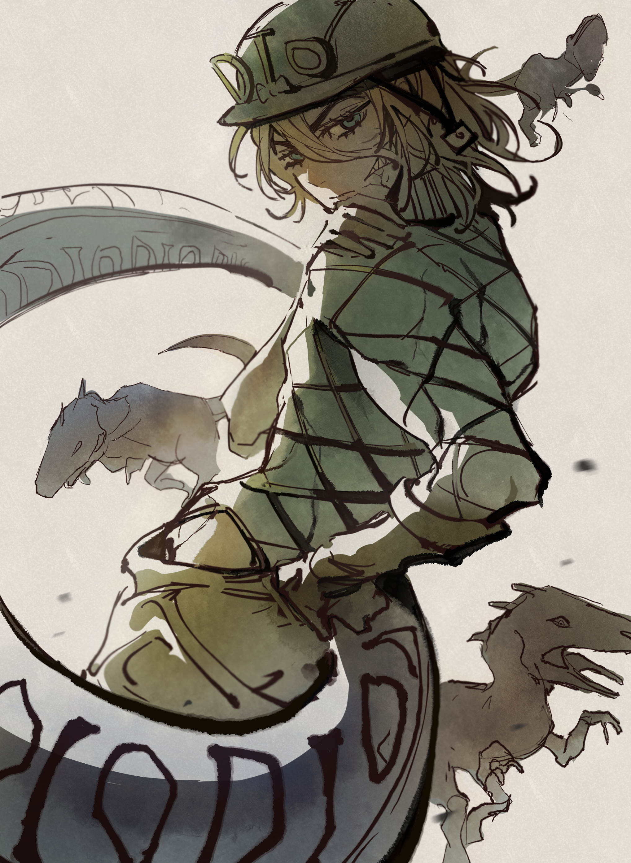 diego brando, scary monsters (stand), jojo no kimyou na bouken, steel ball run, absurdres, highres, 1boy, argyle clothes, argyle sweater, blonde hair, blue eyes, blue sweater, closed mouth, cracked skin, dinosaur, dinosaur tail, fangs, gloves, hair between eyes, hand on own shoulder, helmet, jodhpurs, long sleeves, looking at viewer, looking back, male focus, medium hair, muted color, pants, solo, stand (jojo), sweater, tail, transformation, turtleneck, turtleneck sweater, yellow pants, youo m0