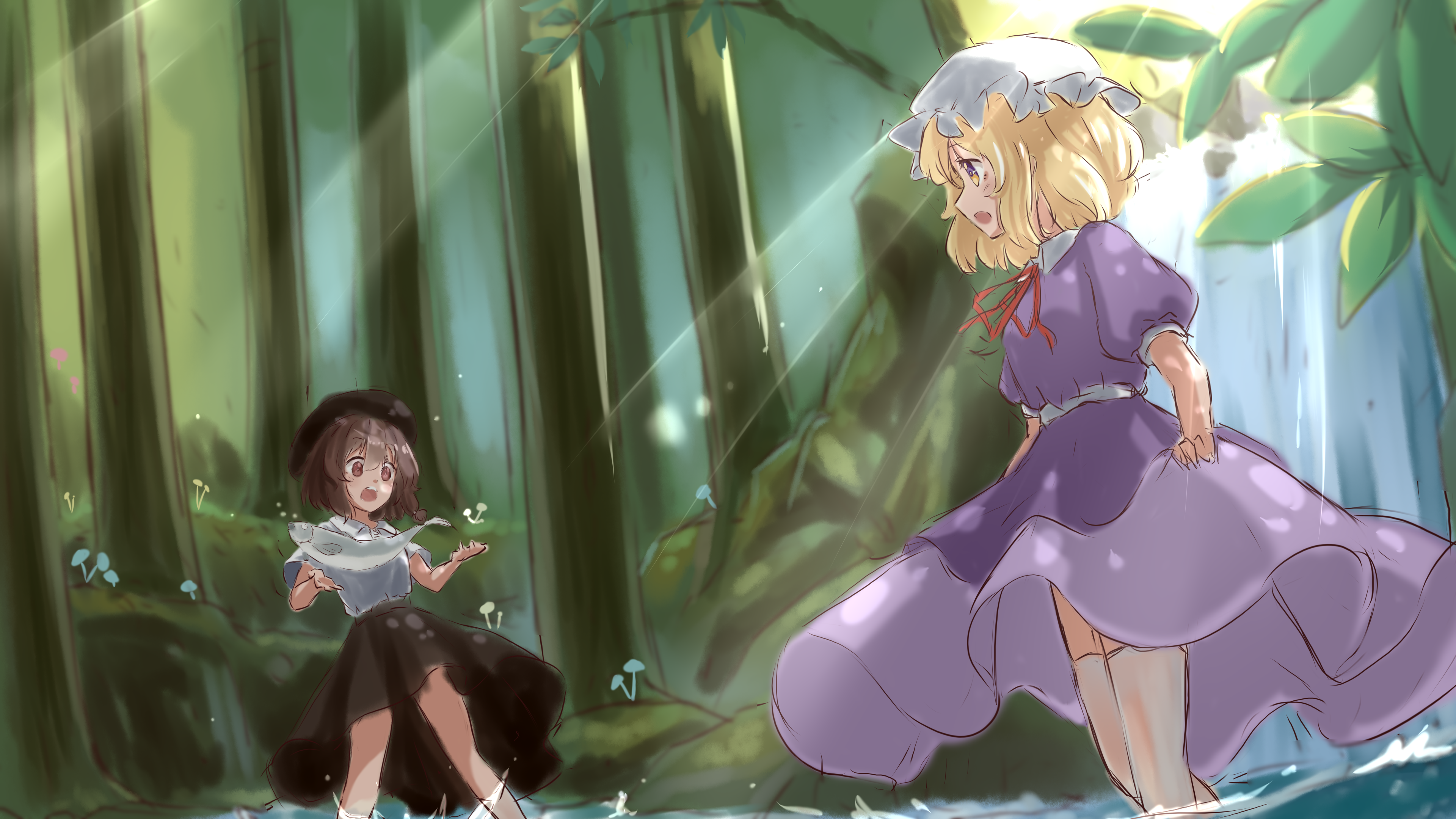 t-hou, usami renko, touhou, absurdres, highres, 2girls, animal, black hat, black skirt, blonde hair, blush, blush stickers, branch, brown eyes, brown hair, collar, day, dress, fish, flying fish, forest, giant tree, hat, holding, holding animal, holding fish, leaf, legs apart, legs together, long dress, looking at another, mob cap, multicolored eyes, multiple girls, mushroom, nature, open mouth, partially submerged, puffy sleeves, purple dress, purple eyes, red ribbon, ribbon, river, sash, shirt, short hair, short sleeves, skirt, socks, teeth, tree, water, waterfall, white collar, white hat, white sash, white shirt, white socks, yellow eyes