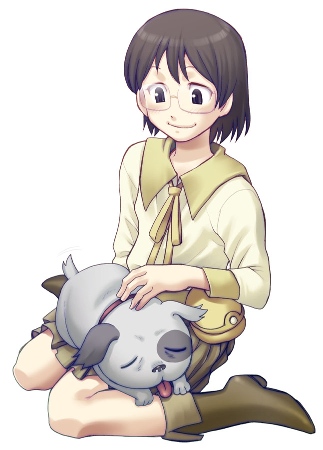 chiba toshirou, densuke (dennou coil), okonogi yuuko, dennou coil, 00s, dog, glasses, kneeling, smile, solo