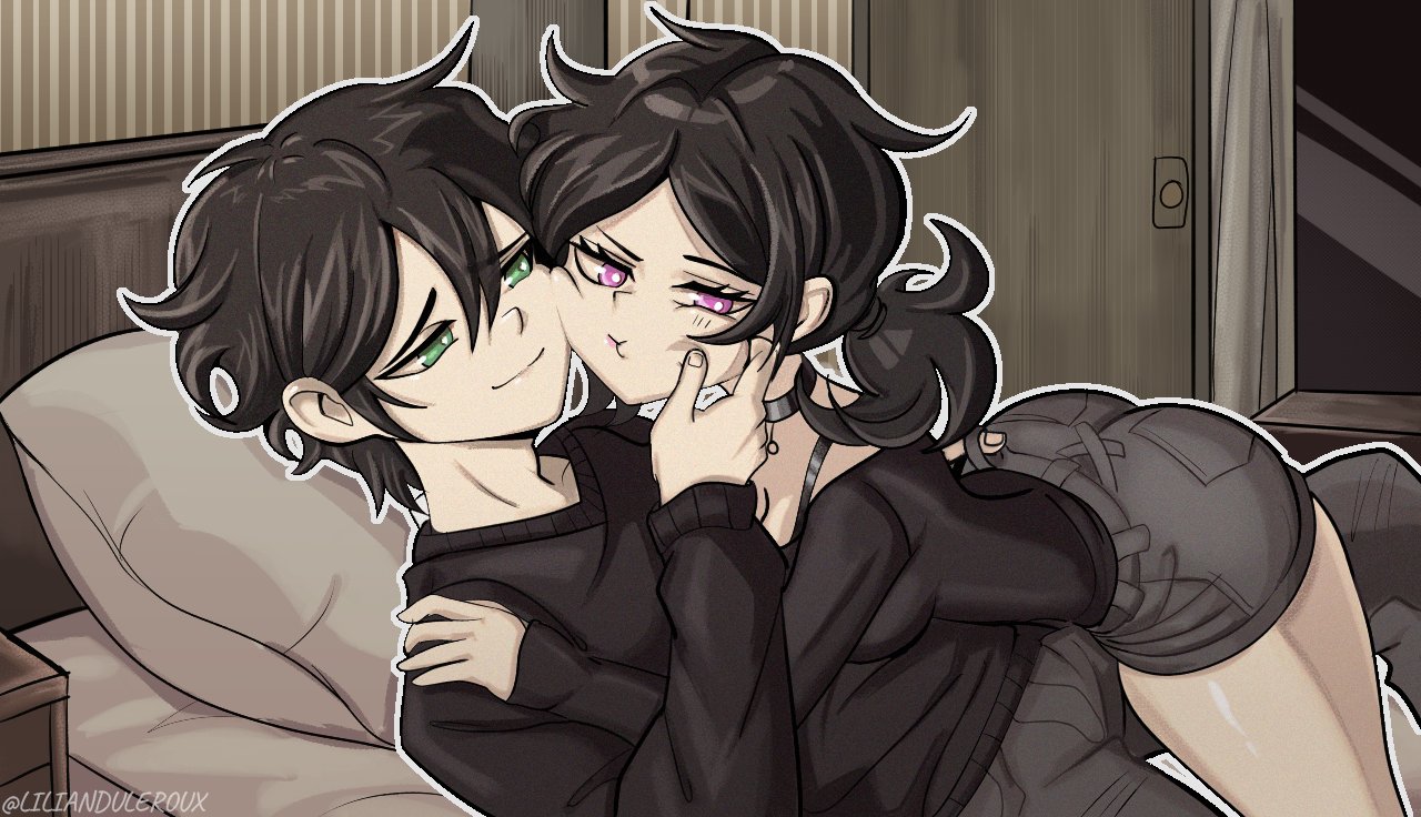 lilian duleroux, andrew graves, ashley graves, the coffin of andy and leyley, 1boy, 1girl, annoyed, ass, black hair, black sweater, bra strap, brother and sister, door, green eyes, hand on another's face, light smile, lying, on back, pink eyes, ponytail, shorts, siblings, sweater, under covers, window